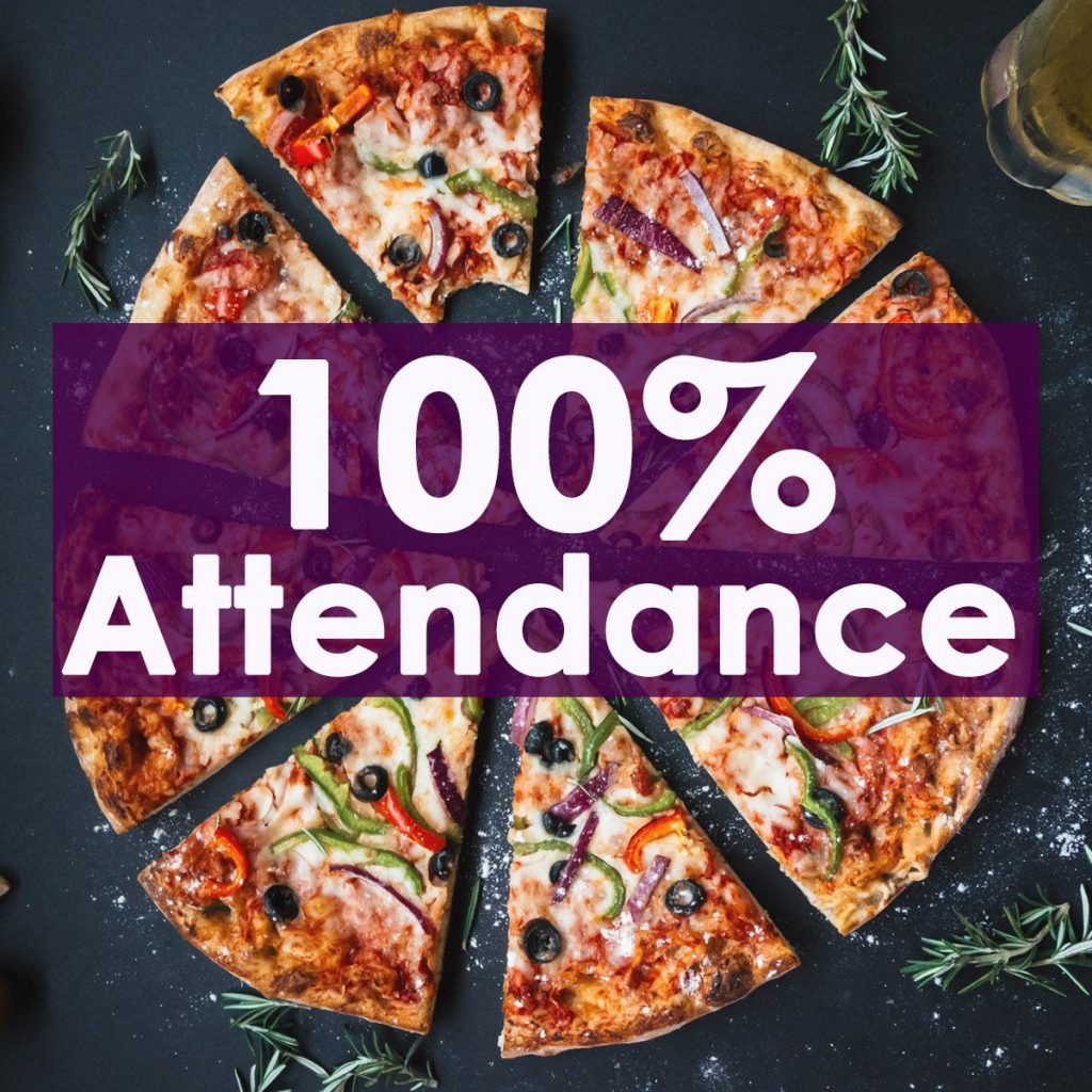 Picture of a pizza suggesting that pizza being available increases meeting attendance to 100%.