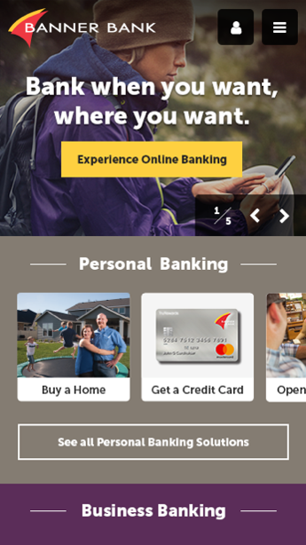 Screenshot of bannerbank.com home page, showing a good example of a carousel on mobile.