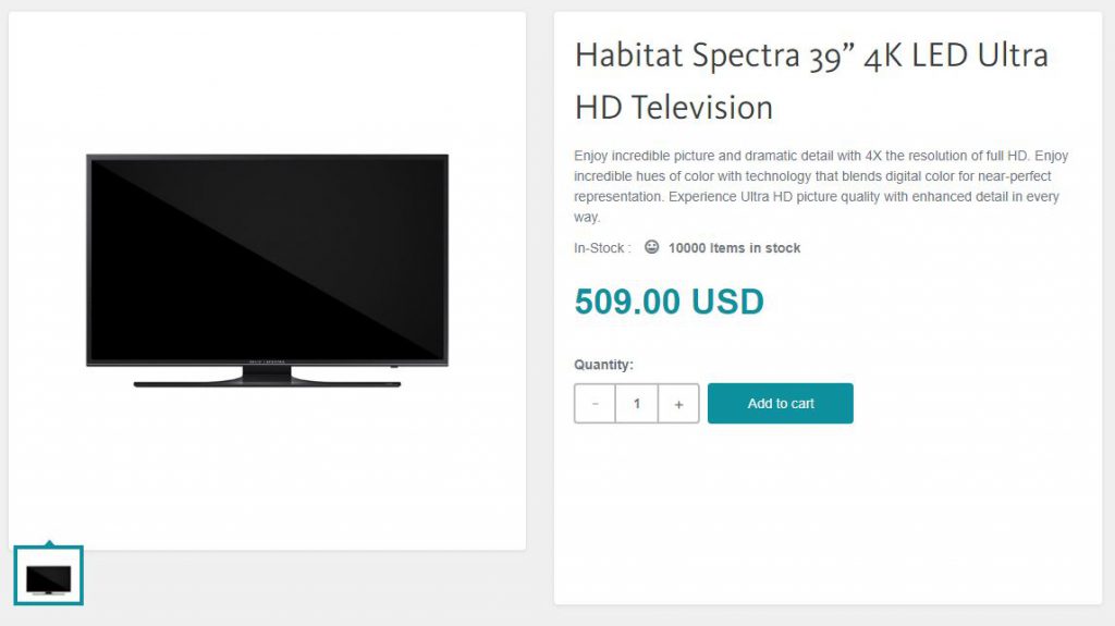 Example of a Sitecore Experience Commerce Product Detail Page showing a 4K TV for sale.